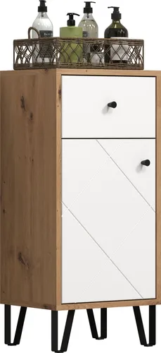 trendteam Touch Bad Standschrank Weiß/Eiche Nachbildung - Skandi - Gemütlicher Bad Standschrank mit charmantem Design in Weiß Matt und Artisan Eiche, ideal für stilvollen Stauraum im Badezimmer.
