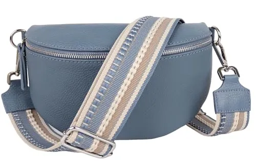 MIRROSI® Bauchtasche Damen, Echtleder, Made in Italy, Umhängetasche, Brusttasche, Crossbody Bag (1 Tasche & 2 Gurte) (Jeansblau (Streifen Jeansblau), Kleine Tasche (22x13x6cm))