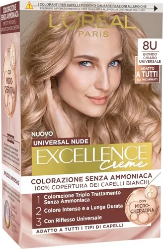 L'Oréal Paris Permanente Coloration, langanhaltende Abdeckung von weißem Haar, natürliches und glänzendes Ergebnis, Ammoniakfreie Formel, Excellence Universal Nude, Farbtöne: Hellblond (8U)