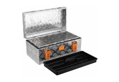ALUBOX Werkzeugkoffer Aluminium Riffelblech 27L - Robuster Werkzeugkoffer aus 1,5mm Aluminium mit herausnehmbarer Ablage, ideal für Handwerker und Heimwerker. Hygienisch und geruchsneutral, bietet viel Platz für Ihre Werkzeuge.