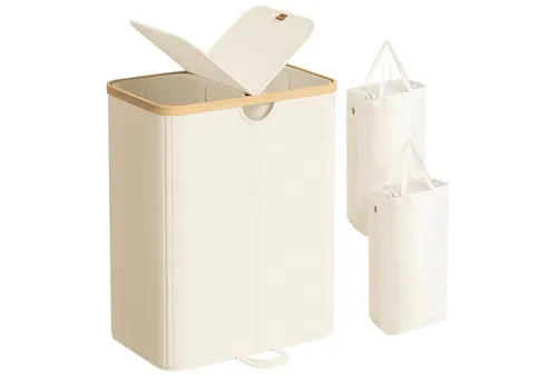 SONGMICS Wäschekorb, 2 Fächer,150 Liter,mit Deckel, herausnehmbarer Wäschesack,weiß-beige
