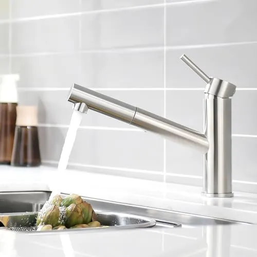 AIMADI Wasserhahn Küche Ausziehbar Küchenarmatur Einhebelmischer mit 38 cm Ziehschlauch 120° schwenkbar in Edelstahl Optik für Spüle und Arbeitsplatte Gebürsteter Nickel