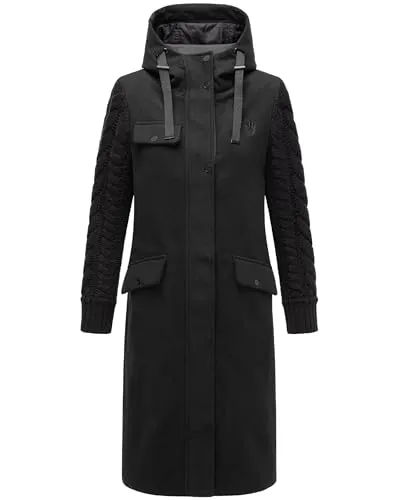 Navahoo Damen Trenchcoat in Woll-Optik mit Strick-Ärmeln und Kapuze - Funktionsjacken: Eleganter Übergangsmantel mit trendigen gestrickten Ärmeln, ideal für kühle Tage und vielseitig kombinierbar.