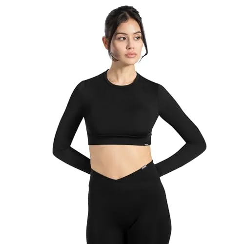 SMILODOX Longsleeve Damen Tisha, Cropped Sportshirt mit Rundhals, Funktionsshirt elastisches Unterbrustbund, bequemes Langarmshirt, ideal für Alltag, Freizeit, Fitness, Yoga, Layering