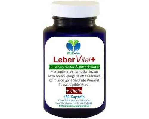 VitalLeben LEBER Vital Komplex 12 Kräuter & Bitterstoffe + CHOLIN Kapseln - Mineralstoffe für die Lebergesundheit, unterstützt durch 12 wertvolle Kräuter und Cholin für eine optimale Funktion.