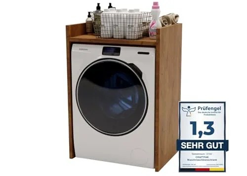 CraftPAK Waschmaschinenschrank für Waschmaschine & Trockner - Podeste & Rahmen für Waschmaschinen, platzsparend mit großem Regal für Waschutensilien und geräuschreduzierender Bauweise für ein ruhiges Badezimmer.