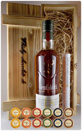 Glenfiddich 18 Jahre Single Malt Whisky +12 Edelschokoladen Holzkiste Geschenk