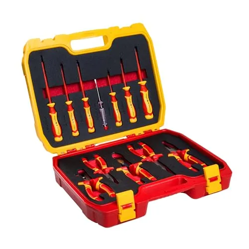 HÖGERT TECHNIK 12er-Set Elektriker Werkzeug Set isolierter 1000V Hand Screwdriver, Schlitz und Kreuz Schraubendreher, Zangen, Spannungsprüfe, Kunststoffkoffer Werkzeugsatz