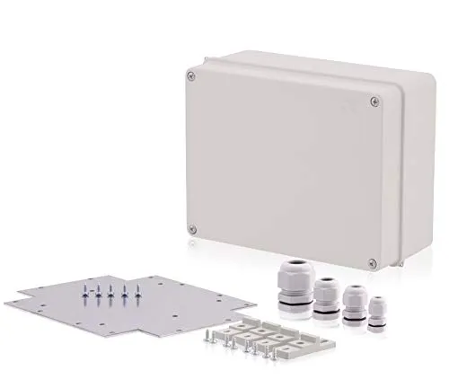 Industriegehäuse Set 240x190x110mm Kunststoffgehäuse Abzweigkasten Universalgehäuse Wandgehäuse Schutzart IP65 inklusive Montageplatte, Kabelverschraubungen & Wandhalterungen