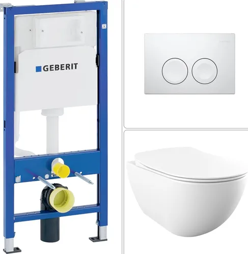 FREE Wand WC spülrandlos mit SoftClose WC-Sitz & GEBERIT BASIC Vorwandelement + DELTA25 Betätigungsplatte, weiß