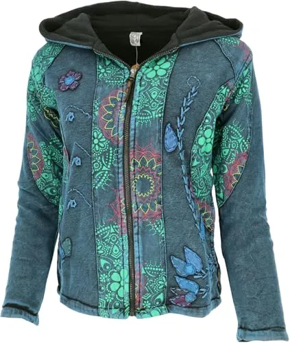GURU SHOP Goa Patchwork Jacke - Damen Funktionsjacke im Ethno Look, handgefertigt aus Baumwolle mit weichem Fleecefutter für höchsten Tragekomfort und individuelle Einzigartigkeit.