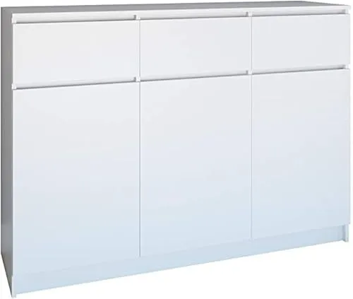 CDF Kommode Weiß 3 Türen 3 Schubladen Komode & Sideboards Schmal Schubladenkommode Sideboard 75 cm Hoch Wohnzimmer Komodenschrank 40x120x75 für Schlafzimmer Arbeitszimmer Flur Schubladenschrank