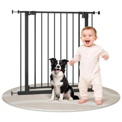 WOLTU Treppenschutzgitter 75–87 cm, Türschutzgitter aus Metall, mit/ohne Bohren, Auto-Close, 90°-Stopp, beidseitig schwenkbar, 2 Riegel, einhändig zu öffnen,Schwarz