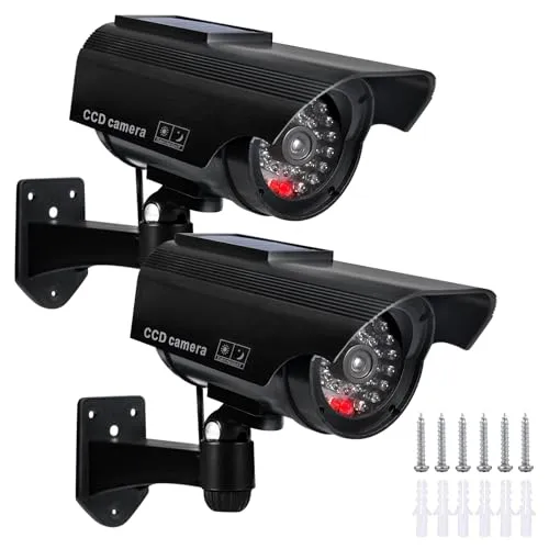 PORFOYO Kamera Attrappe, 2 Stück Kamera Atrappe Außen Solarbetrieben mit blinkendem LED Licht Dummy Überwachungskamera, zur Abschreckung für Innen und Außen mit Wandhalterung und Solarpanel