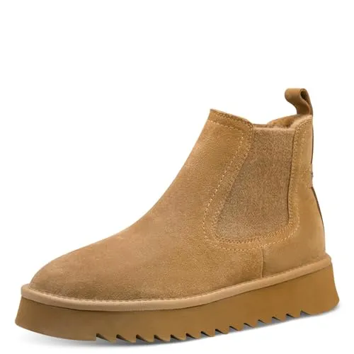 Tamaris Damen Chelsea Boots gefüttert Braun - Größe 41 - Wanderschuhe mit kuschlig warmem Innenfutter aus Kunstfell, ideal für kalte Tage. Die 3,5 cm hohe Synthetiksohle sorgt für besten Komfort.