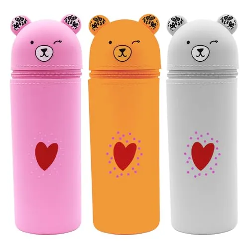 Sporgo 3 Stück Kawaii Federmäppche: 2 in 1 Weichem Silikon Federmäppche Cartoon Bleistifthalter Schlampermäppchen, Niedliches Stifteköcher Teleskopisch Mäppchen für Teenager Schülerin (C)