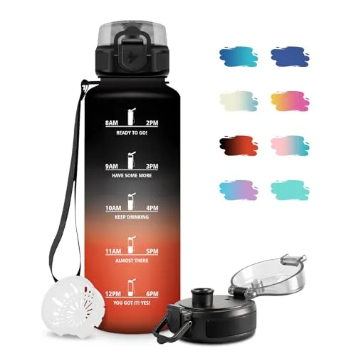 Sport Trinkflasche 1,5L, Motivierende Trinkflasche mit Zeitmarkierung, Auslaufsichere, Sportflasche mit Filte, Kohlensäure Geeignet, Wasserflasche für Sprudel, Fahrrad, Laufen, Erwachsener, Reisen