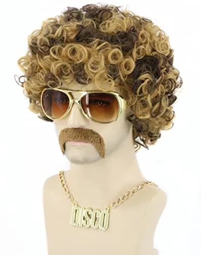 LeMarnia 70er Jahre Disco Dude Dirt Bag Perücke 3er Set Herren Perücke Flauschige Lustige Halloween Party Perücken Das Set beinhaltet Halskette und Bart