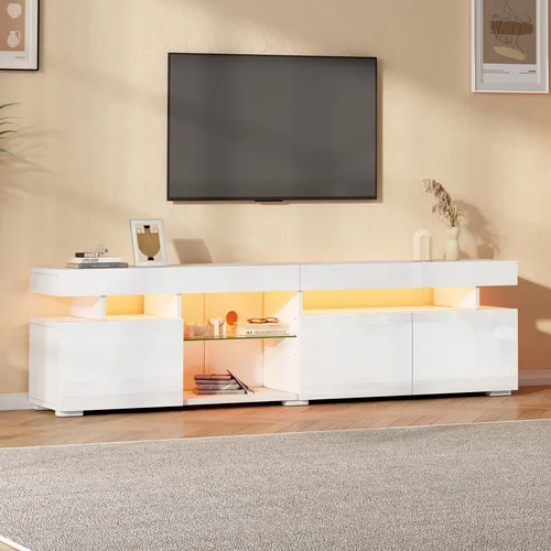 MODFU TV-Lowboard Weiß mit LED Beleuchtung und Glasböden - Elegantes TV-Lowboard mit stabiler Konstruktion aus Spanplatten. Inklusive flexibler LED-Beleuchtung, die per App steuerbar ist. Ideal für eine stilvolle Präsentation und geordnete Aufbewahrung in Ihrem Wohnzimmer.
