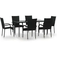 vidaXL 7-tlg. Garten-Essgruppe Schwarz Poly Rattan - Gartenmöbel-Set aus witterungsbeständigem PE-Rattan, ideal für Essen und Entspannen im Freien. Stabiler Stahlrahmen und pflegeleichte Hartglas-Tischplatte sorgen für Komfort und Langlebigkeit.