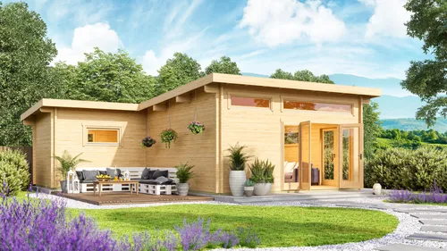 Fjordholz Gartenhaus Modell Harbord 70 - Robustes Gartenhaus aus 70mm nordischer Fichte, mit extra starkem Dach und hochwertigen Doppeltüren. Ideal für vielfältige Nutzung im Garten, inklusive maßgeschneiderter Optionen.