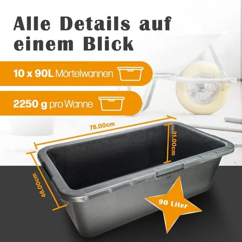 BURI Mörtelkasten Set 10 Stück (90L) - Robuste Mörtelkästen, Pflanzkübel, Maurerkasten für Baustelle, Garten & Heimwerkerprojekte, UV-beständig, stapelbar