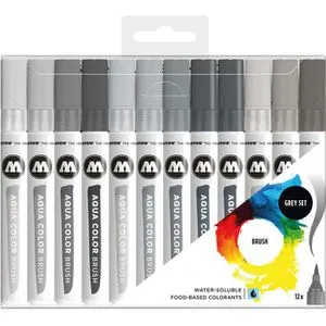 Molotow Aquarellstifte Aqua Color Brush Grey Set - 12 Stück in Grautönen, elastische Pinselspitze für variable Strichbreite und ideal für Bullet Journals und Illustrationen