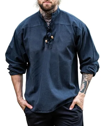 Leonardo Carbone® Mittelalter Hemd Ansbert - Mittelalter Kleidung, Mittelalter Hemd Herren, LARP-Kleidung, Festival Outfit, Karneval Kostüm, Freizeithemden Langarm - 100% Baumwolle Blau XL