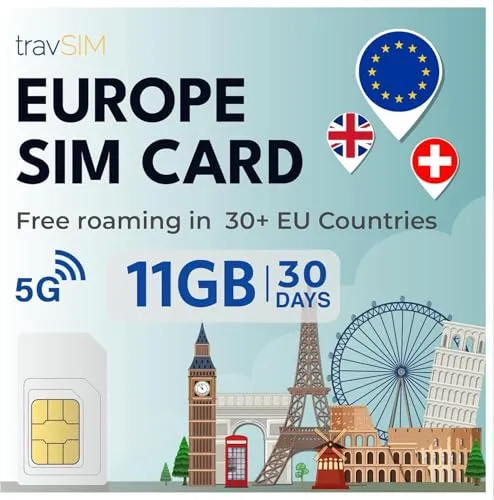 travSIM Prepaid SIM Karte für Europa 12GB Mobile Daten mit 4G/5G | Die Europa Prepaid SIM Karte kann in über 20 Ländern Verwendet Werden, Einschließlich in UK und der Schweiz | 30 Tage lang Gültig