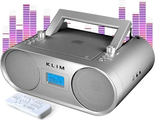 KLIM Boombox B4 Radio mit CD Player + AM/FM Radio, MP3, Bluetooth, AUX, USB + NEU + CD Player tragbar mit kabellosem Modus und aufladbaren Akku + Mit Fernbedienung, Autosleep, Digital EQ - Silber