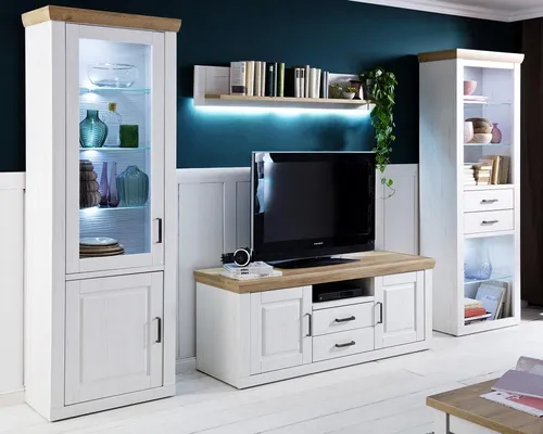 Moderne Wohnwand Set 3 Brixen in Pinie Weiß und Grandson Eiche - TV-Möbel & Schrankwände, stilvolles Set mit 4 Teilen, inklusive Lowboard und Vitrine, ideal für ein modernes Landhaus-Ambiente.