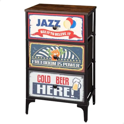 AKTIVE Max Home Mehrzweck-Schlafzimmerkommode, Retro- und Vintage-Grafiken, 3 leichte Stoffschubladen, 45 x 30 x 77 cm, Stahlrahmen, Holzplatte, Nachttische, Wohnzimmermöbel, Aufbewahrung (18400)