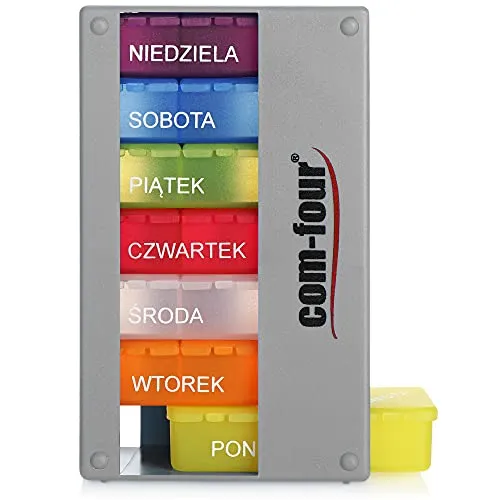 COM-FOUR® Medikamentendosierer auf POLNISCH - Medikamenten-Box für 7 Tage - 3 Fächer - Pillendose - Pillenbox - Tablettenbox - Wochendosierer zur Aufbewahrung [POLNISCH] (Grau)