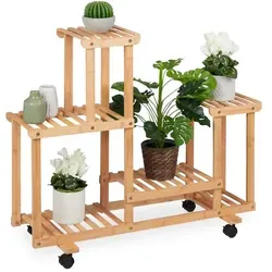 Pflanzenregal Blumentreppe rollbar aus Bambus - Topfpflanzenständer aus modernem Bambus, rollbar und ideal für flexible Raumgestaltung. Maße: 95 cm x 36 cm x 79 cm.