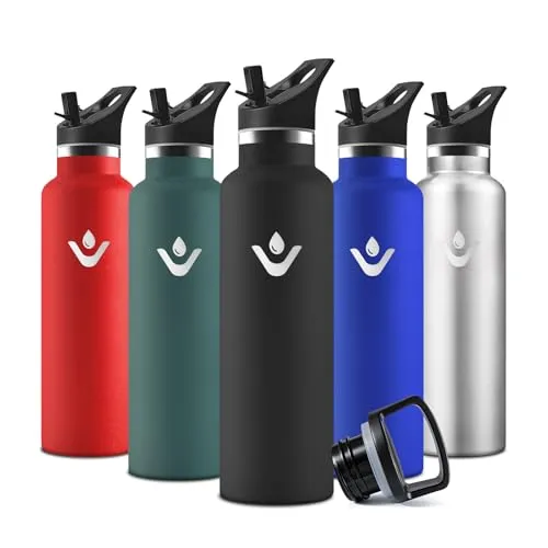 Motswedi Trinkflasche, 500 ml BPA-Frei, Trinkflasche Edelstahl, Mit Strohhalm und 2 Deckeln, Flasche, 18/8 Edelstahl, Wasserflasche, Doppellagige Isolierung, Isolierflasche für Schule, Yoga - Schwarz