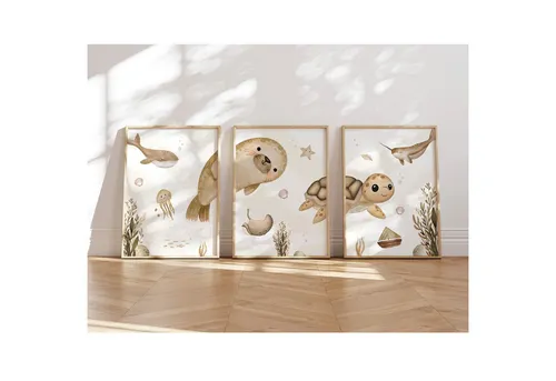 MeinBaby123® Poster Kinderzimmer Meerestiere,  Kinderzimmer Deko, Kinderzimmer Bilder, Unterwasserwelt, süßer Wal, Schildkröte, Qualle