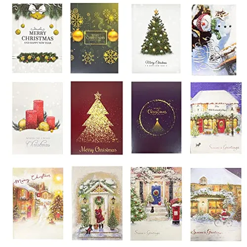 FFTANXS Weihnachtspostkarten, Set 24 pcs blanko + 24pcs Umschläge + 24pcs Aufkleber, Retro Design Klappkarten, DIY Weihnachten Gift Card Danke Karte Mit Exklusive Frühlingszwiebelpulver