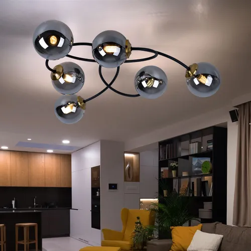 6-flammige Deckenleuchte mit Rauchglas, schwarz