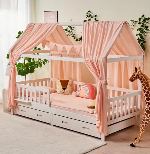 ALAVYA HOME® 3-TLG Hausbett Deko Set - Baby Betthimmel & Himmelstangen: 100% Bio-Musselin Baumwolle, GOTS-zertifiziert, schafft eine zauberhafte Schlafatmosphäre für Ihr Kinderzimmer.