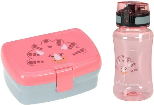 LÄSSIG Brotdose & Trinkflasche Set - Dino Rose - Brotdosen Set für Kinder mit herausnehmbarer Schale, ideal für Snacks und Obst. Die auslaufsichere Tritan-Trinkflasche ist BPA-frei und bruchfest, perfekt für Schule und Ausflüge.