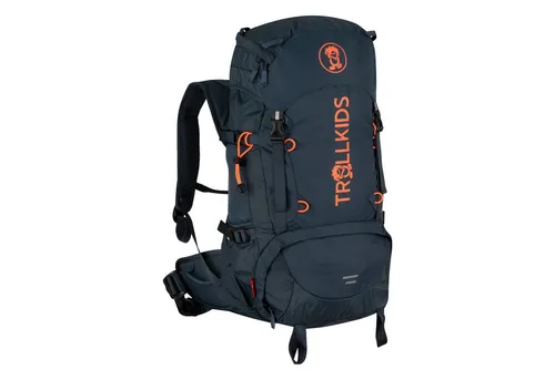 Trollkids Kinder Rucksack Trolltunga, Dunkelblau/Orange, 30L - Wanderrucksack mit 30 Litern Volumen, integrierter Alarmpfeife und gepolsterten Trage-Riemen für optimalen Komfort beim Wandern.
