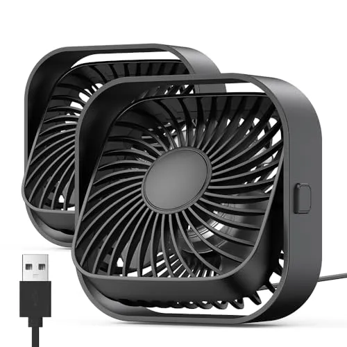 TOPK USB Ventilator 2 Stück - Mini Tischventilator mit 3 Geschwindigkeiten - USB-Ventilatoren: Leiser Betrieb mit 360° drehbarem Kopf und kompakter Größe, ideal für Home Office und Schlafzimmer.