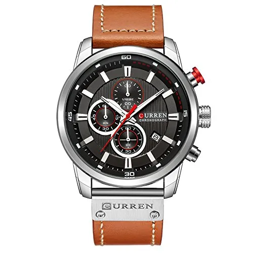 CURREN Herren-Armbanduhr, wasserdicht, Sport, Chronograph, Militär, multifunktional, Leder, Quarz-Armbanduhr (silberfarben/schwarz), silber, Chronograph, Quarz-Uhrwerk