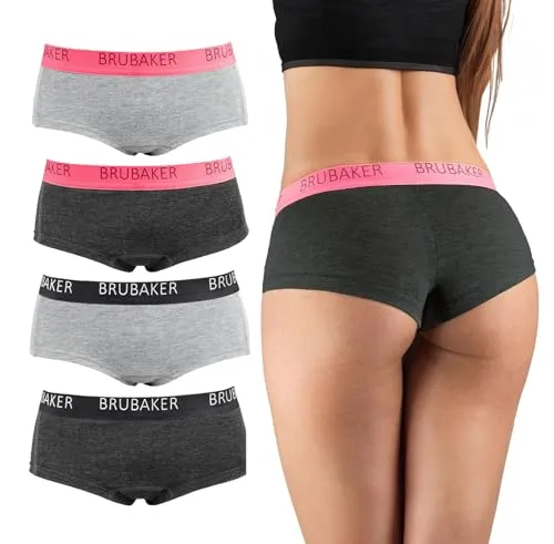 BRUBAKER 4er Pack Damen Panties - Unterhosen Slips aus Baumwolle - Hipster Unterwäsche mit Stretch Bund - Grau und Anthrazit - XS