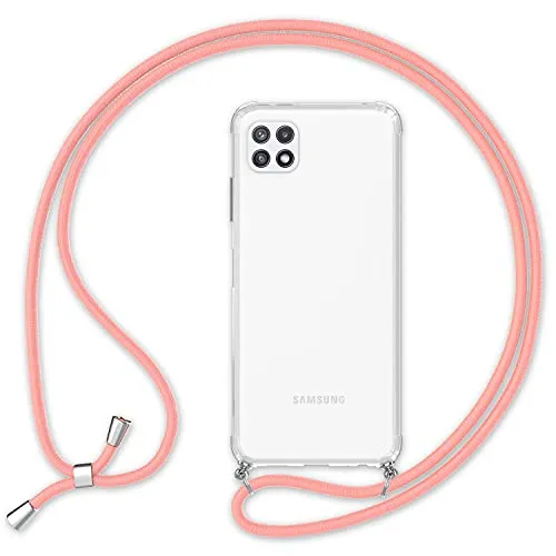 NALIA Handykette für Samsung Galaxy A22 5G - Transparentes Hybrid-Case & Band - HANGIT (Anti-Gelb Rückseite & Verstellbar) - Marke aus Berlin, Farbe:Muschel Rosa