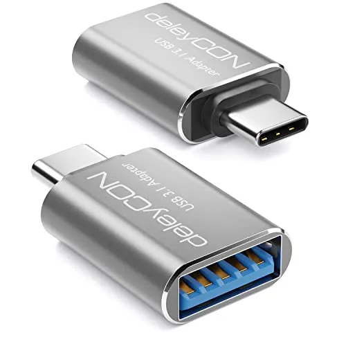 deleyCON USB C auf USB Adapter 5 Gbit/s (2 Stück) - Handy OTG Adapter Thunderbolt für iPhone 17 16 15, Galaxy S25/S24, MacBook, iPad, Air iMac, Surface, Notebook, PC, Laptop, Tablet, Auto Silber