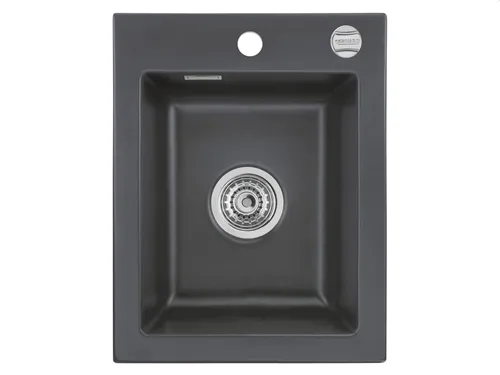 Systemceram Mera 39 Schiefer Keramikspüle mit Excenterbetätigung - Elegante Schiefer-Keramikspüle in Dunkelgrau, ideal für Unterschränke ab 40 cm. Mit praktischer Excenterbetätigung für einfachen Zugang. Maße: 40 x 51 cm.