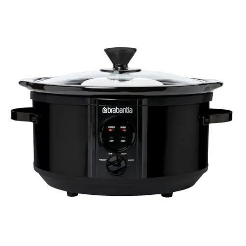 Brabantia Slowcooker, XXL, 3,5 Liter, 180 Watt, Edelstahl, für 4 Personen, 3 Wärmestufen, Warmhaltefunktion, Digitaler Timer, Kontrolllampe, Glasdeckel, Keramiktopf, Schwarz, BBEK1081MB