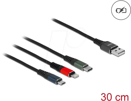 DELOCK 87236 - Ladekabel, USB-A -> micro USB, Lightning & USB-C, bunt, 30 cm