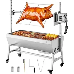 VEVOR Drehspießgrill 38 W Spanferkelgrill Lammgrill Holzkohlegrill (94 cm Grilllänge) mit 60 kg Tragkraft & Rädern & 7-facher Höhenverstellung, Edelstahl-Elektrogrill-Set für Camping Outdoor